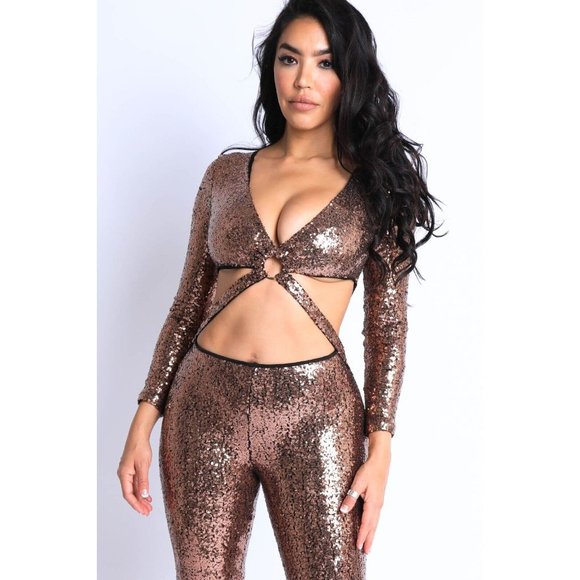 Women's Front O Ring Point Sequin Jumpsuit - Picture 7 of 7